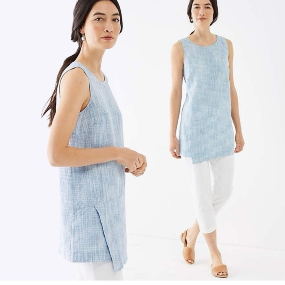 J Jill Love Linen Tall Large Tunic Light Blue Plaid Lagenlook Sleeveless
